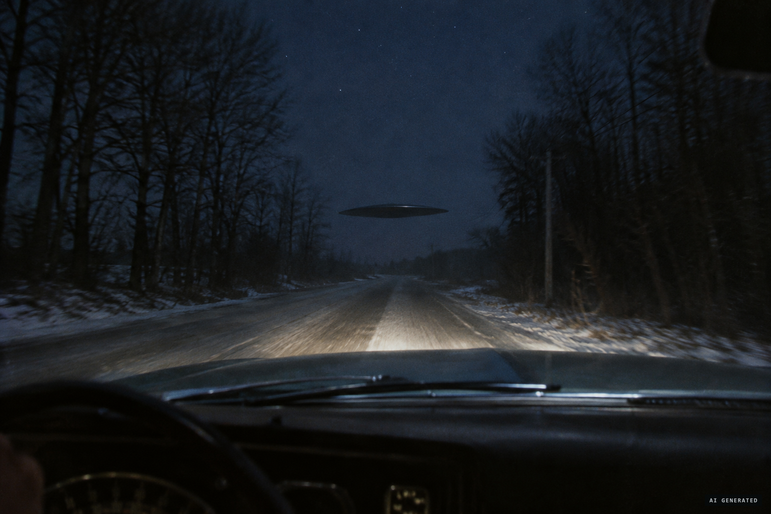 An object without engines, windows or markings glides above the road
