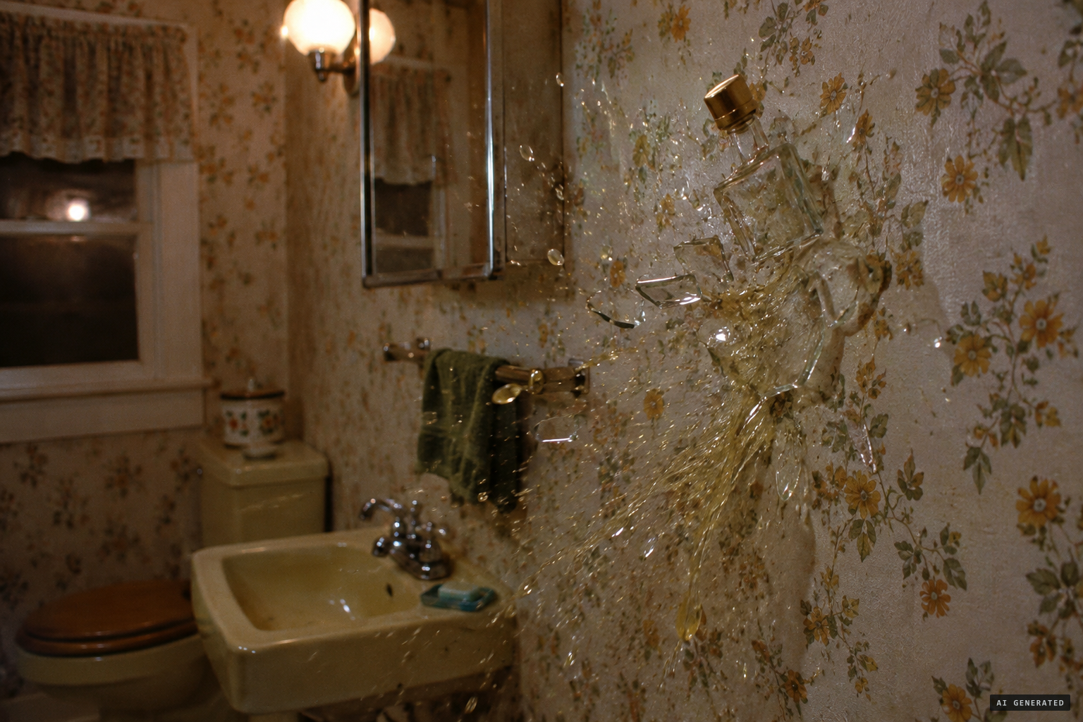 A bath oil bottle flies against the wall and cracks like a shotgun