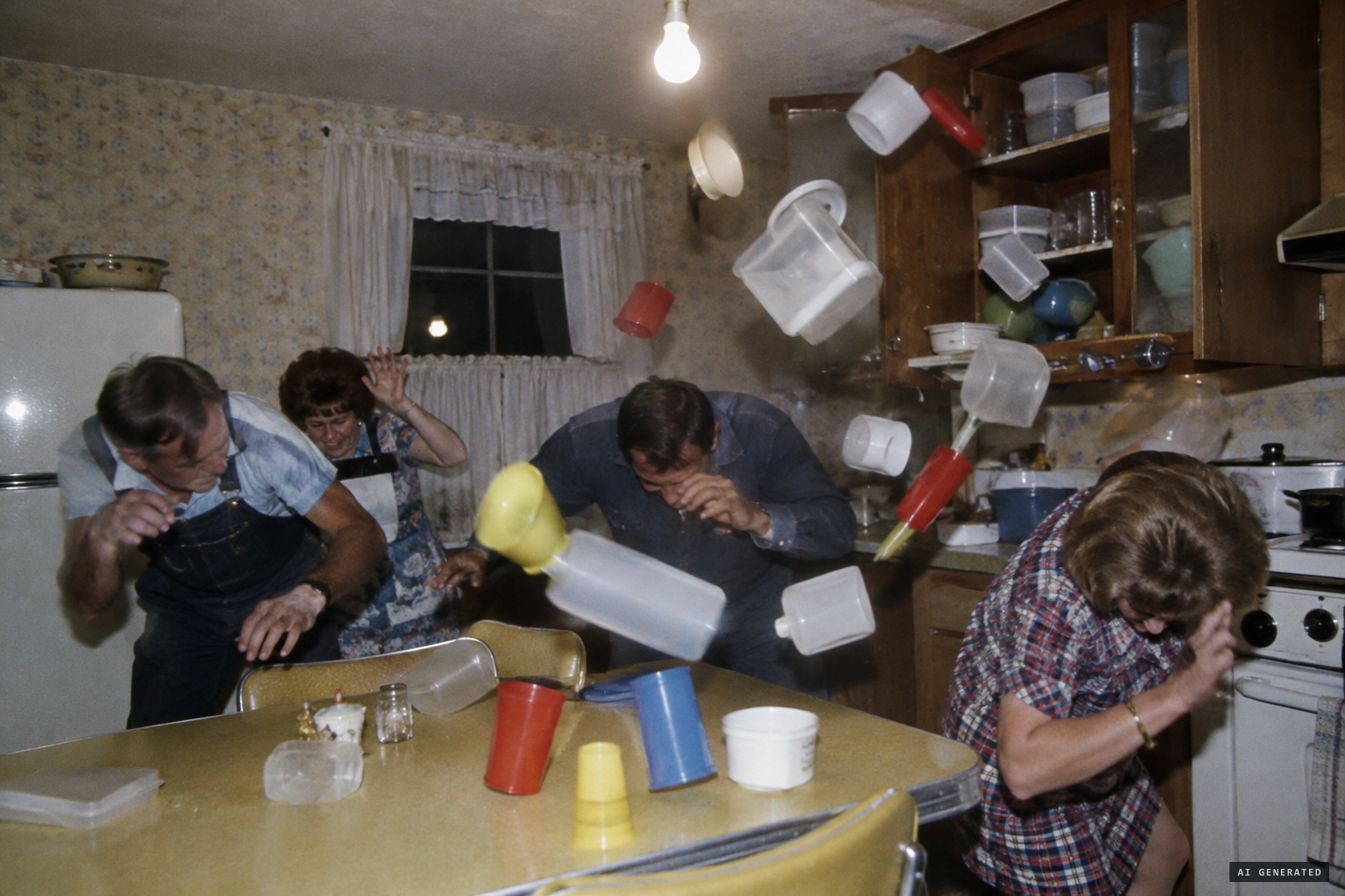 Plastic cups and Tupperware fly from the cabinet and table