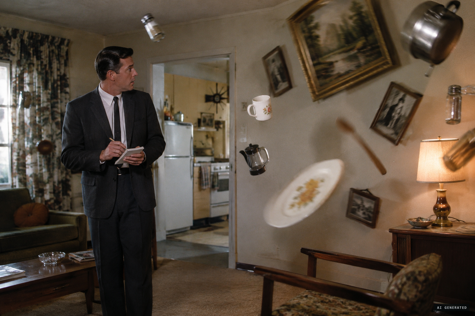 Picture frames spin on the wall as a reporter watches
