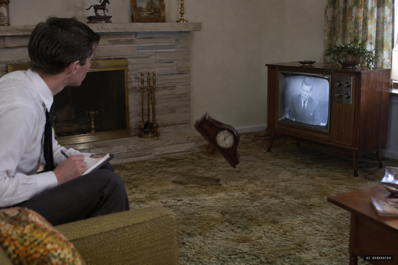 A clock moves and lands about 4 ft from the television