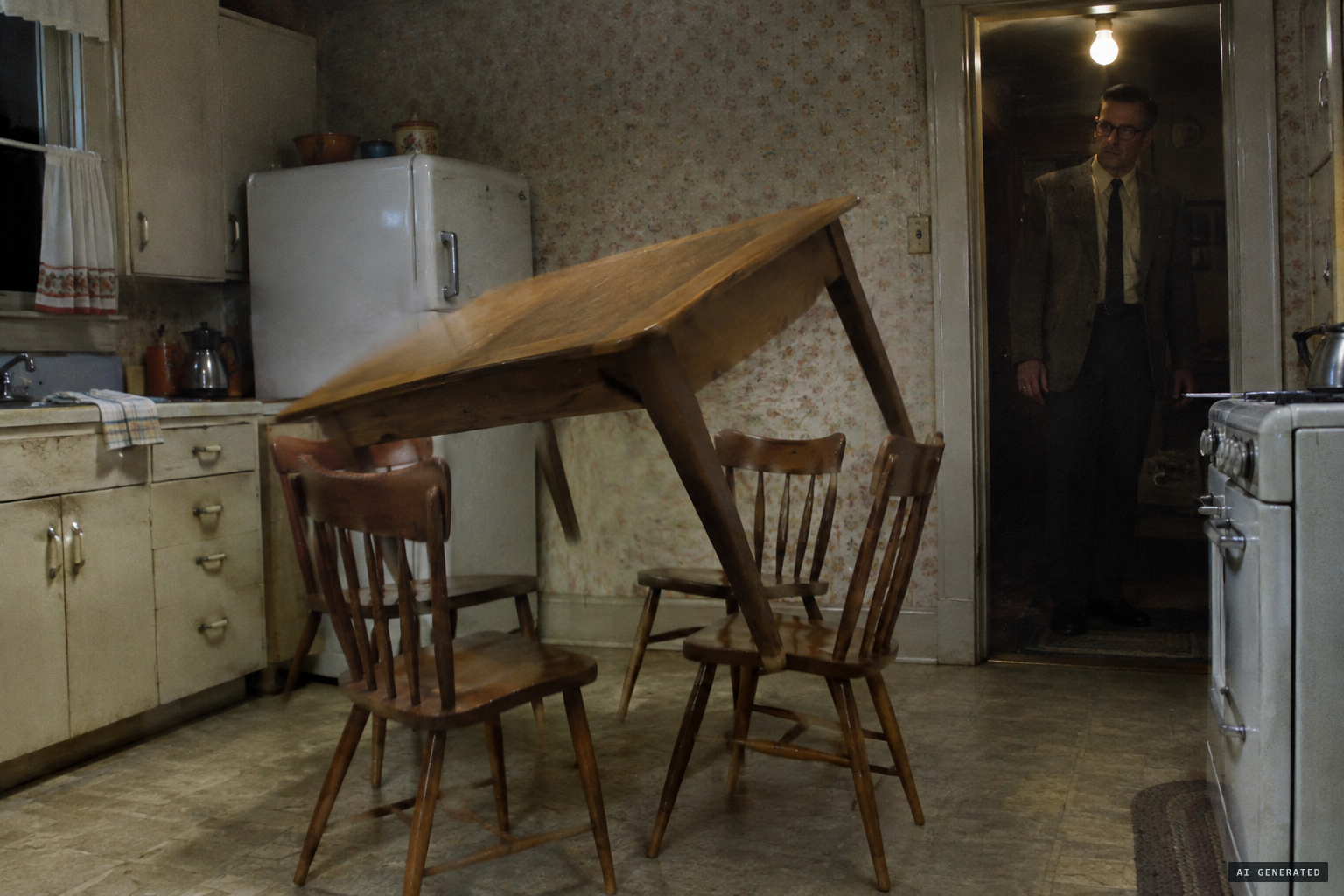 The kitchen table rises, rotates and lands on the chair backs
