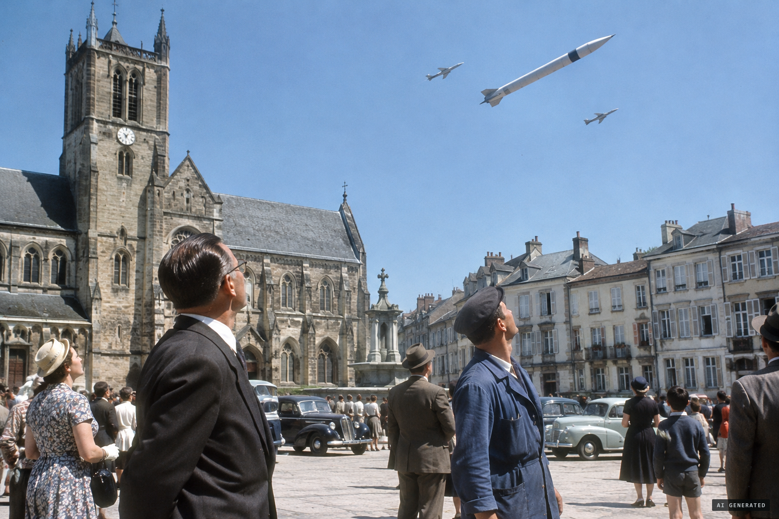 Witnesses in the Cathedral square watch the object pass over