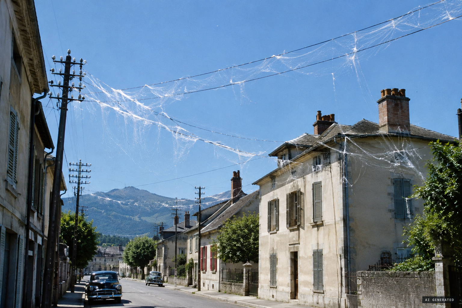 Angel hair settles on telephone and power wires