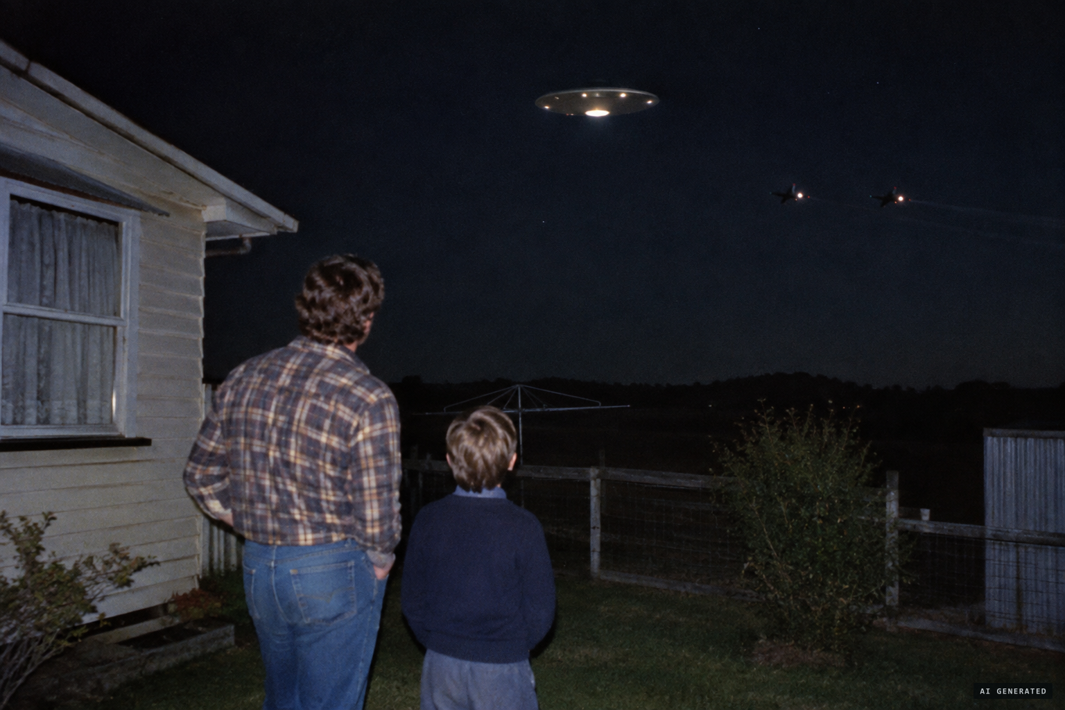 Geoff Masters and his son watch a 'typical flat saucer shape' as the jets come over