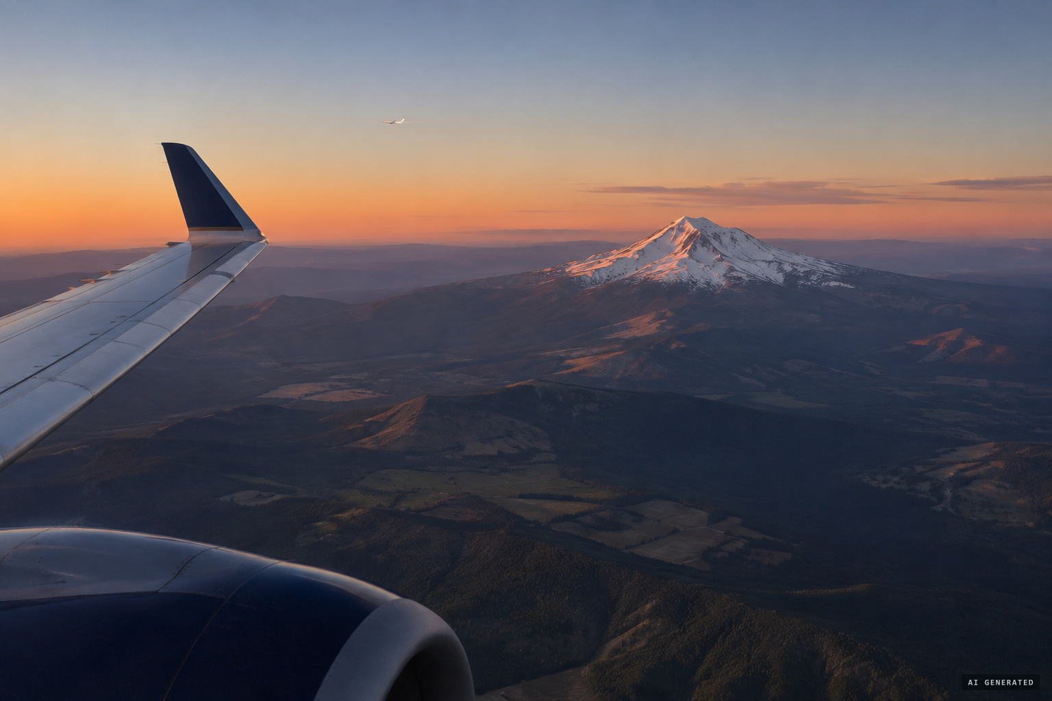 The white aircraft runs north past Mt. Shasta