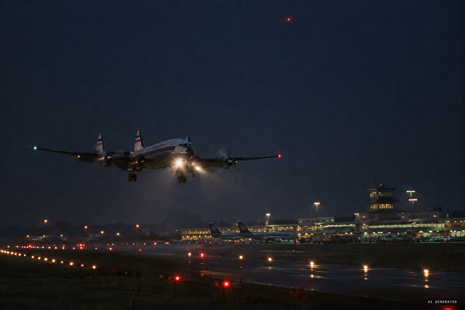 A Constellation lands beneath the stationary light