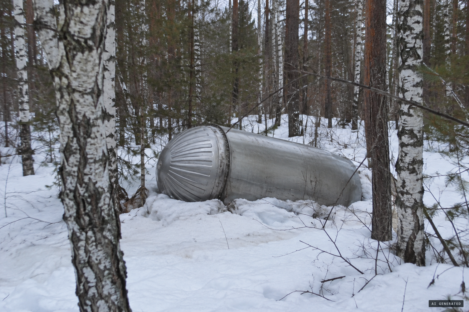 March 2012: villagers find a large silvery cylinder with a ridged dome in the woods