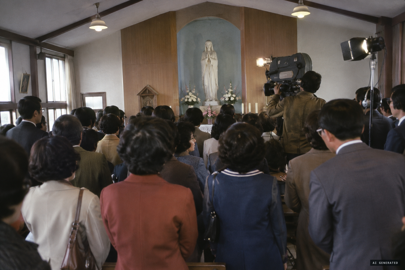 Hundreds witness the tears as a Tokyo Channel 12 crew films a weeping