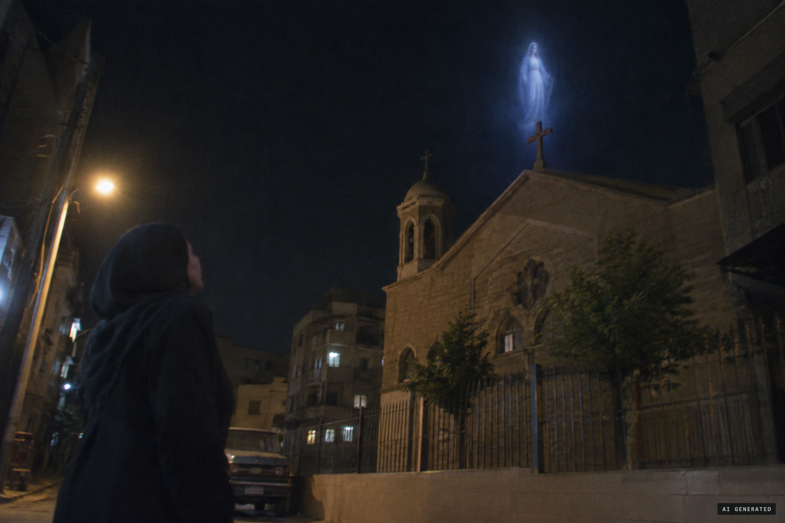 A Muslim woman sees "a lady" above the church, apparently near the cross