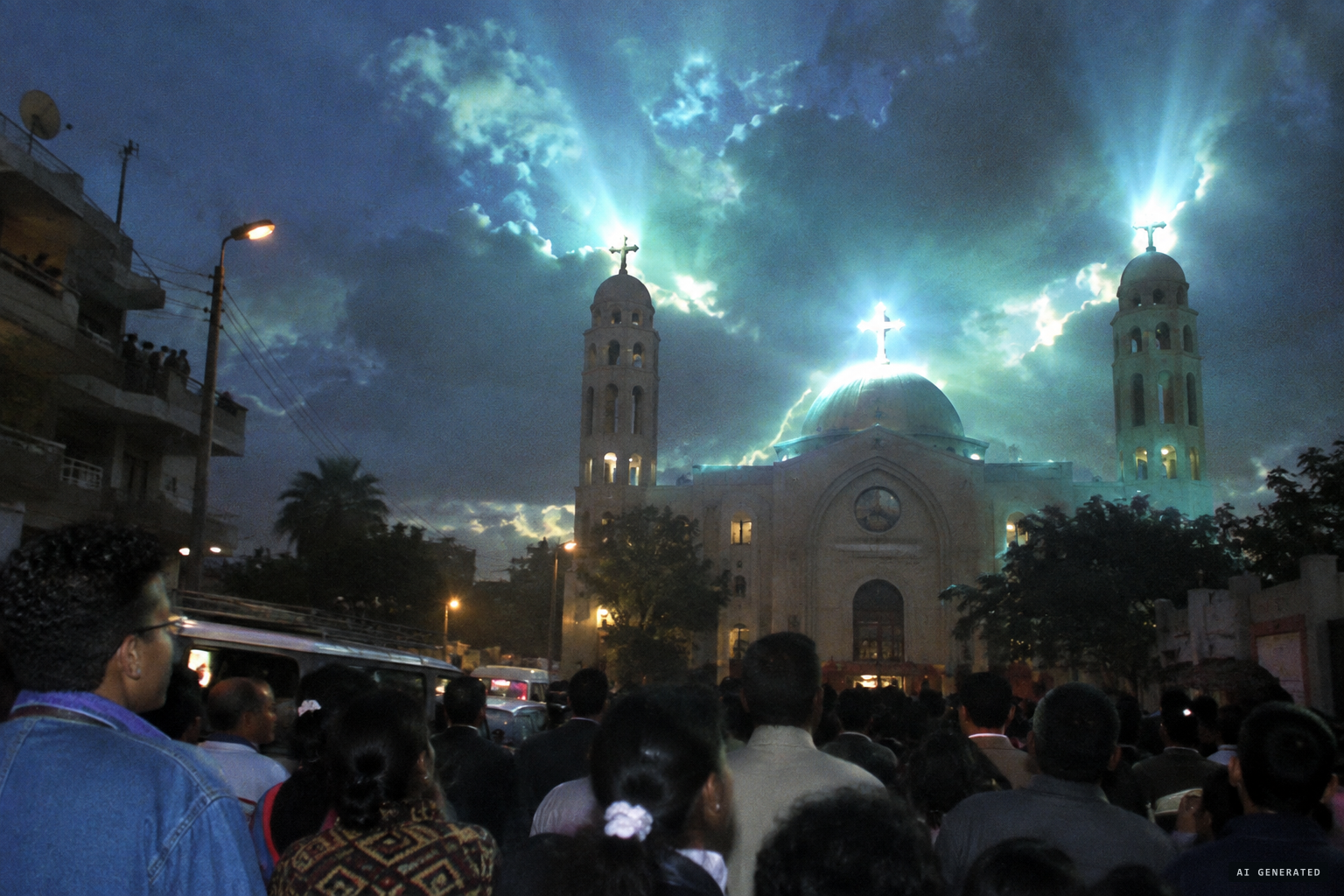 Dazzling lights and blue-green flashes over the church