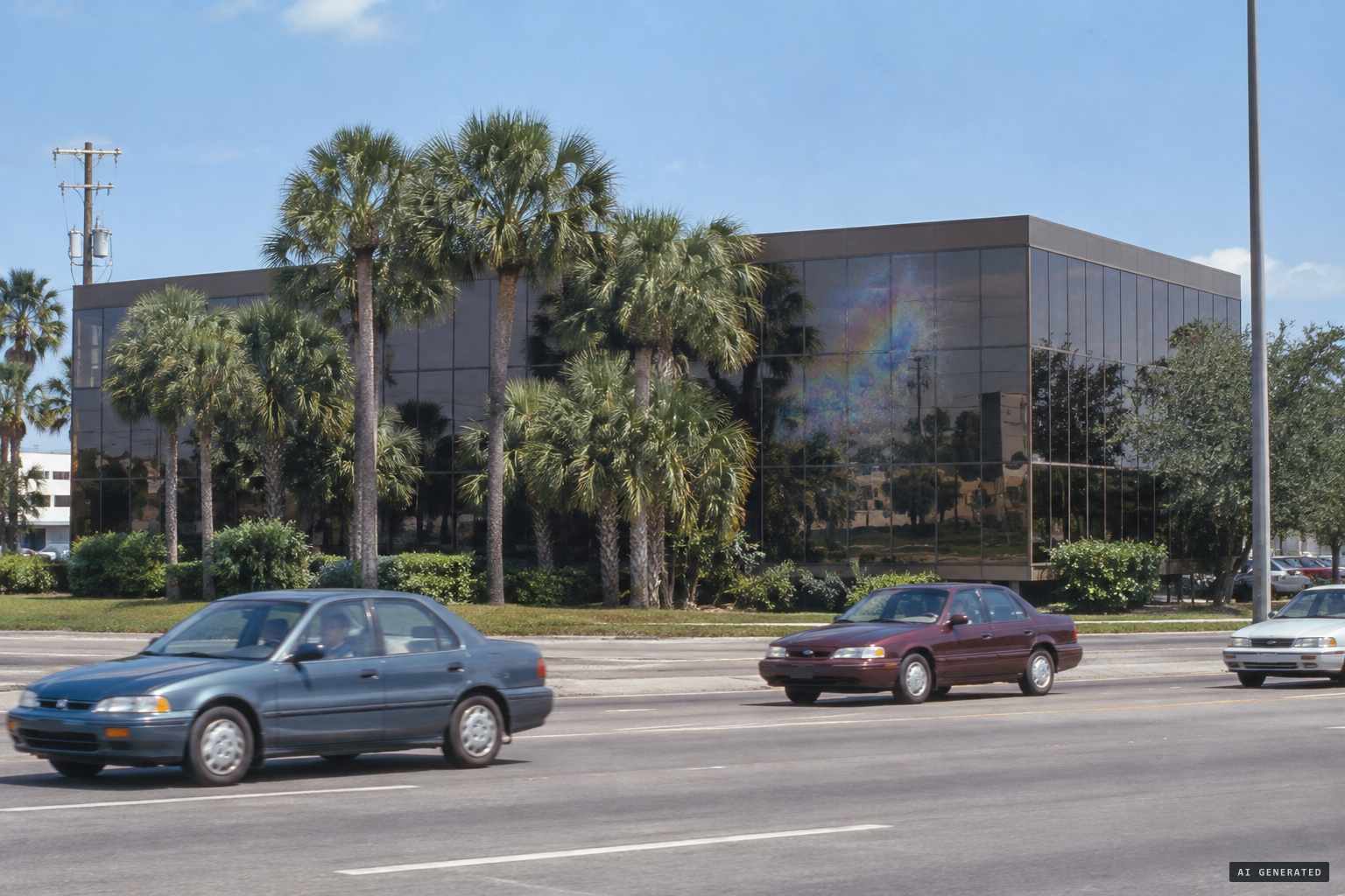 The bronze glass office building on US 19, its south-wall stain already there in 1994