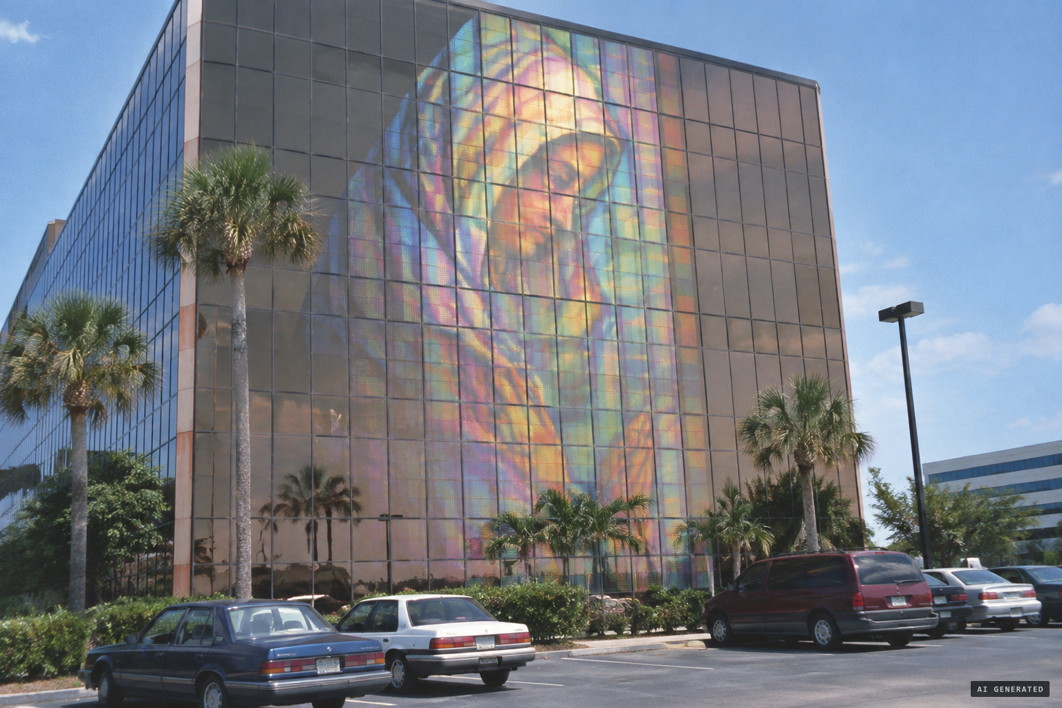 The rainbow-hued shape across a dozen panes, seen by many as a veiled woman bowed in prayer