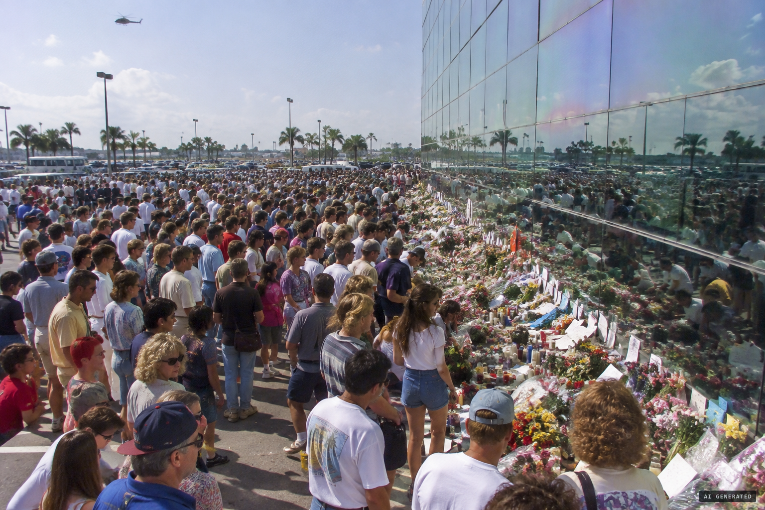 Thousands fill the lot; flowers, candles and notes pile up beneath the glass