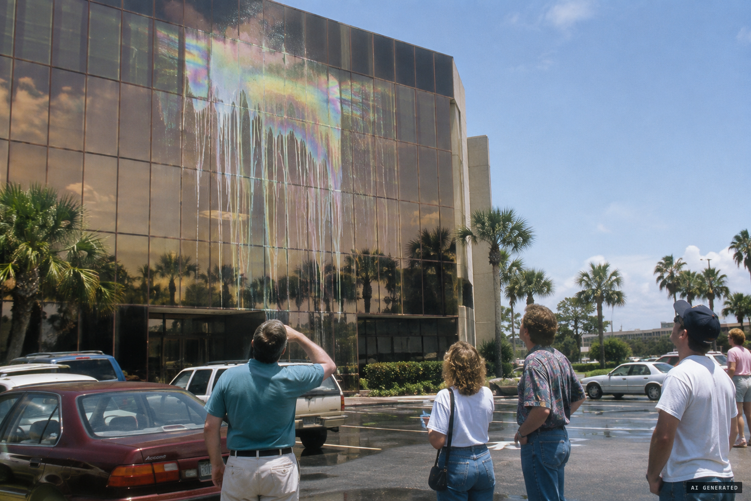 A vandal's sprayed liquid streaks the image, May 1997