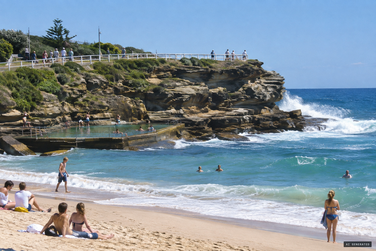 The Dolphins Point headland and its white clifftop fence above Giles Baths