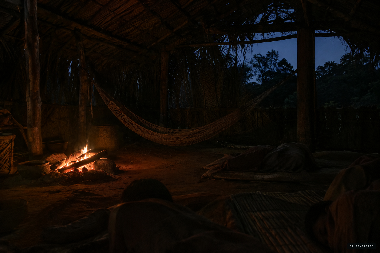 Night in the hut: the chief in his hammock with his wife, Isabel and his nephew.
