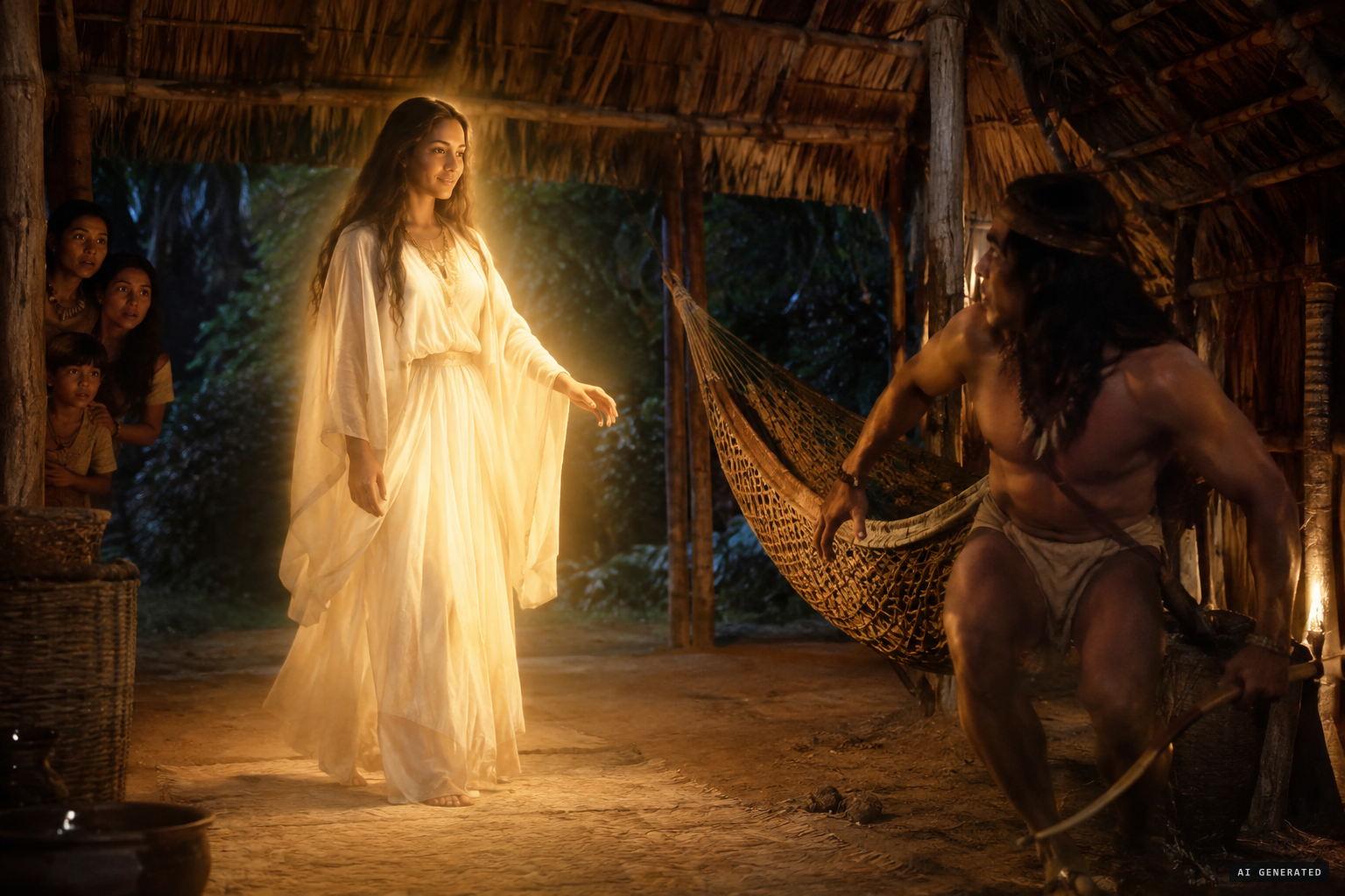 The Lady approaches smiling; the chief reacts in anger, threatening her with an arrow.