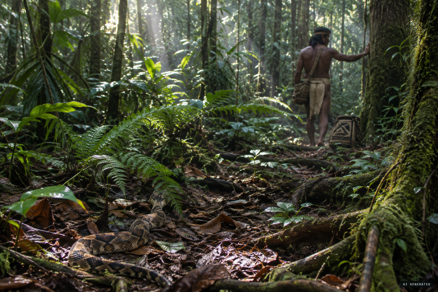 Fleeing into the forest, the chief is bitten by a mapanare.