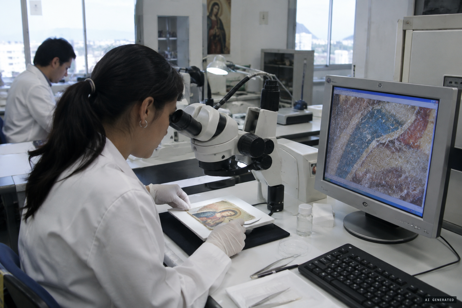 In 2009 a restoration team studies the relic under a microscope.