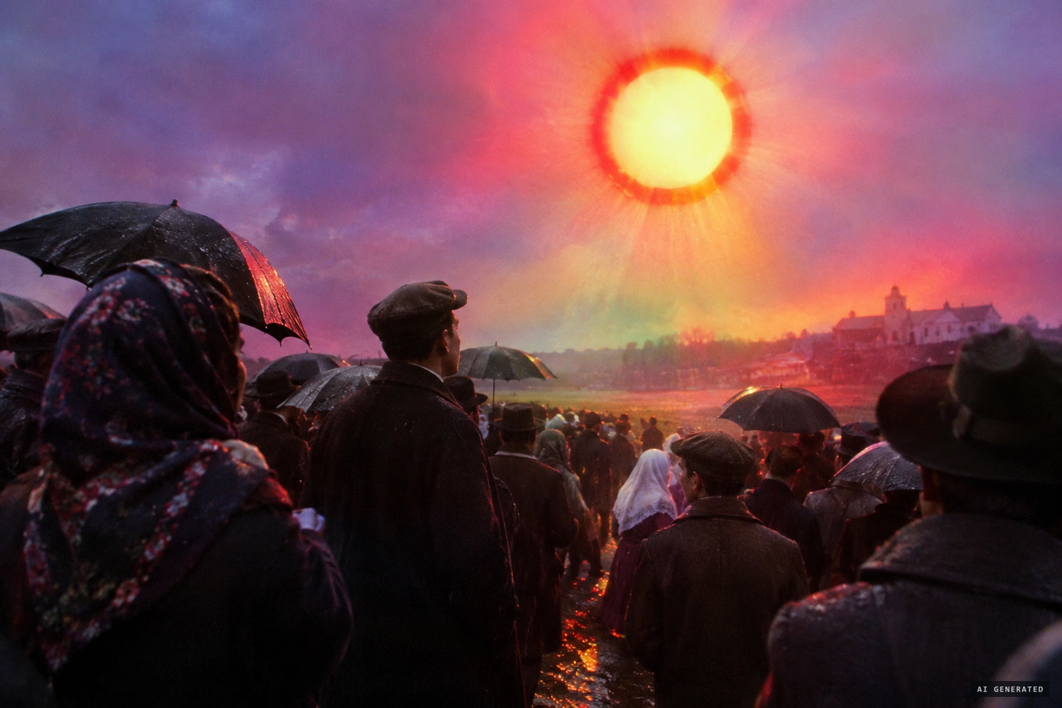 The sun surrounded with scarlet flame, then yellow and deep purple