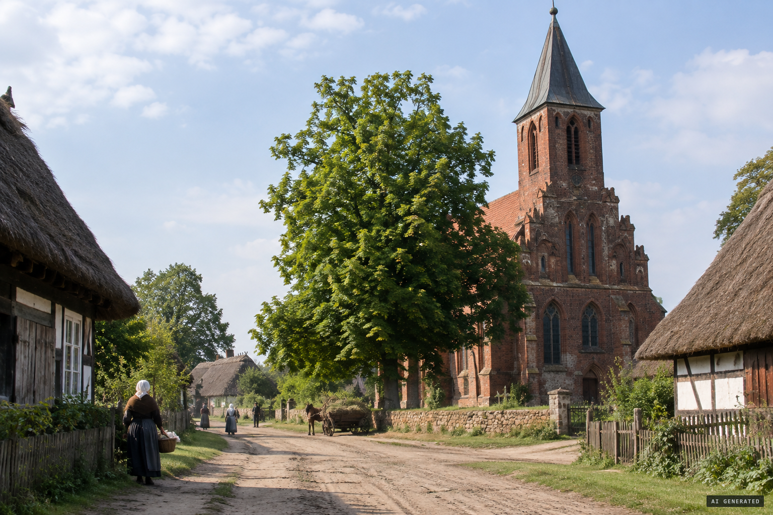 Gietrzwałd in 1877: the old Gothic parish church and the maple tree in front of it