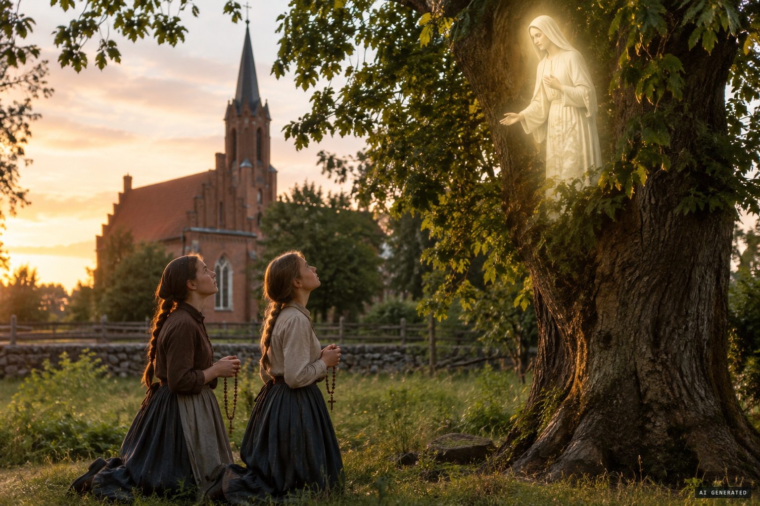 The figure speaks in Warmian Polish: "I want you to pray the Rosary daily"