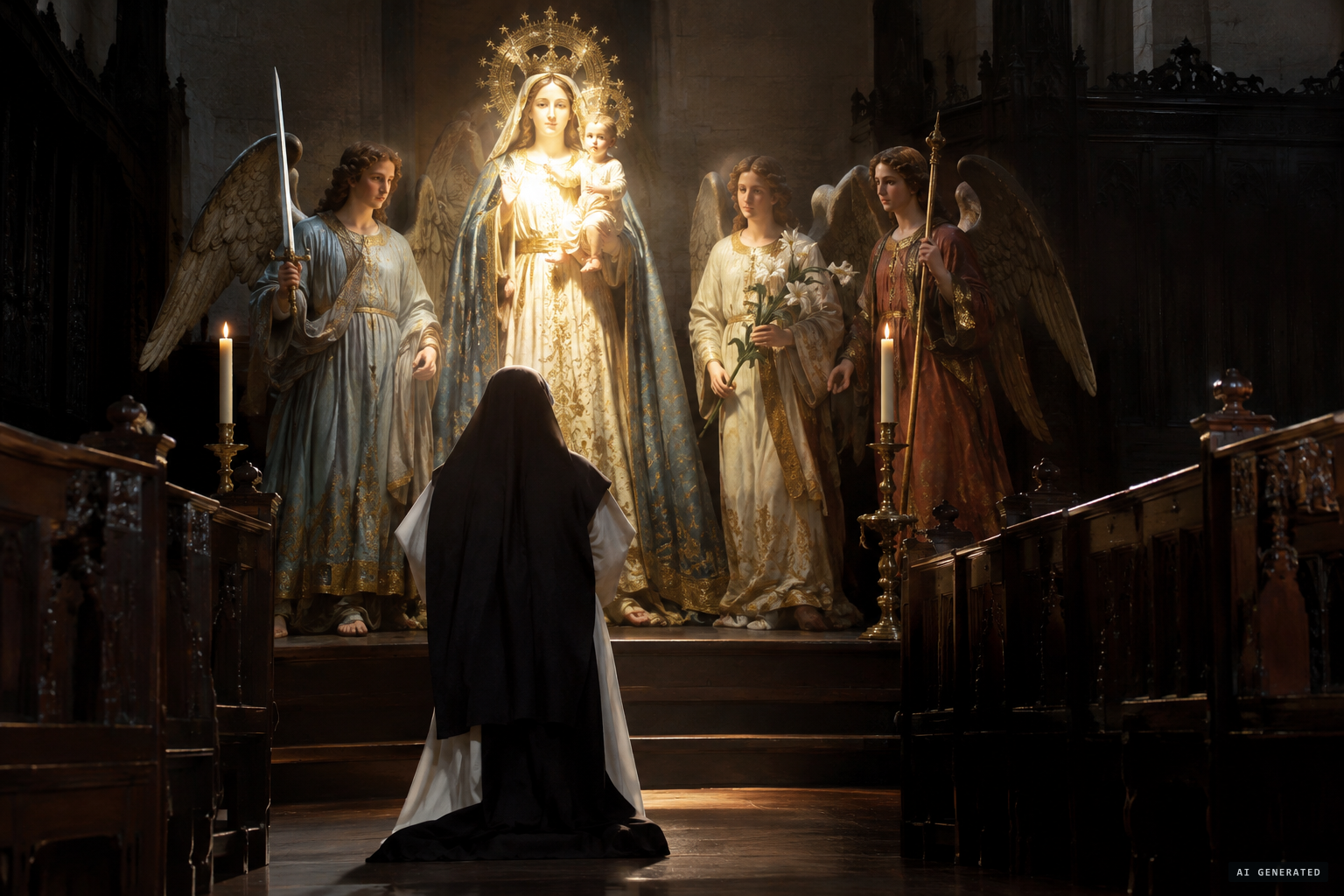 The Virgin returns with the archangels Michael, Gabriel and Raphael