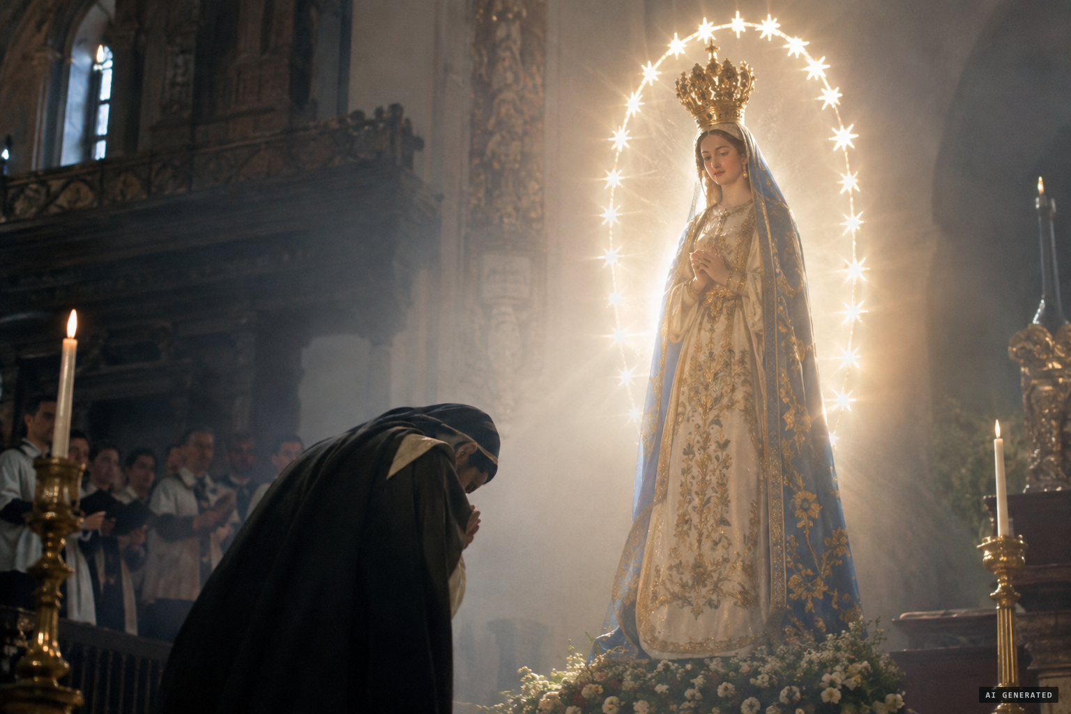 The Queen of Heaven in an oval frame of stars, wearing a golden crown