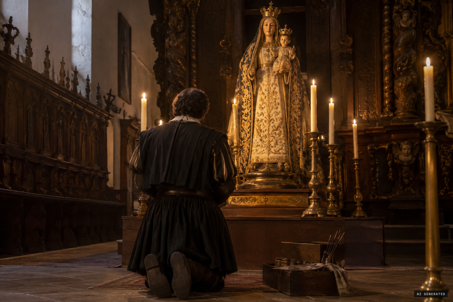Francisco del Castillo falls to his knees before the statue