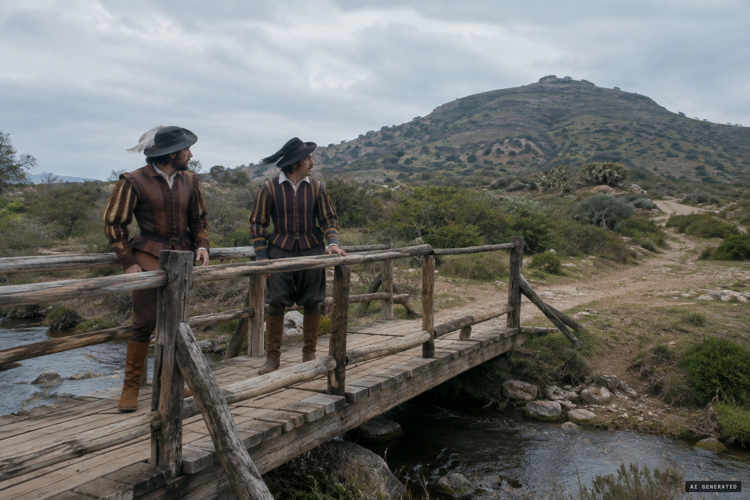 The bishop's followers lose sight of Juan Diego near the wooden bridge