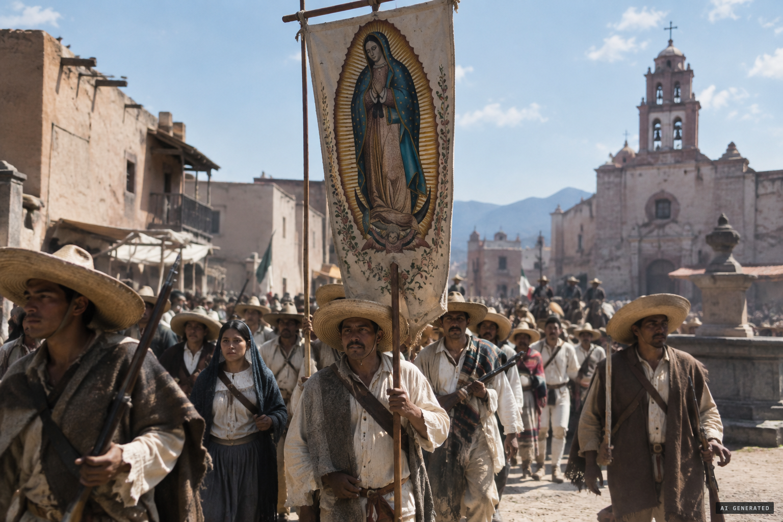 The image flies on Hidalgo's banner in 1810
