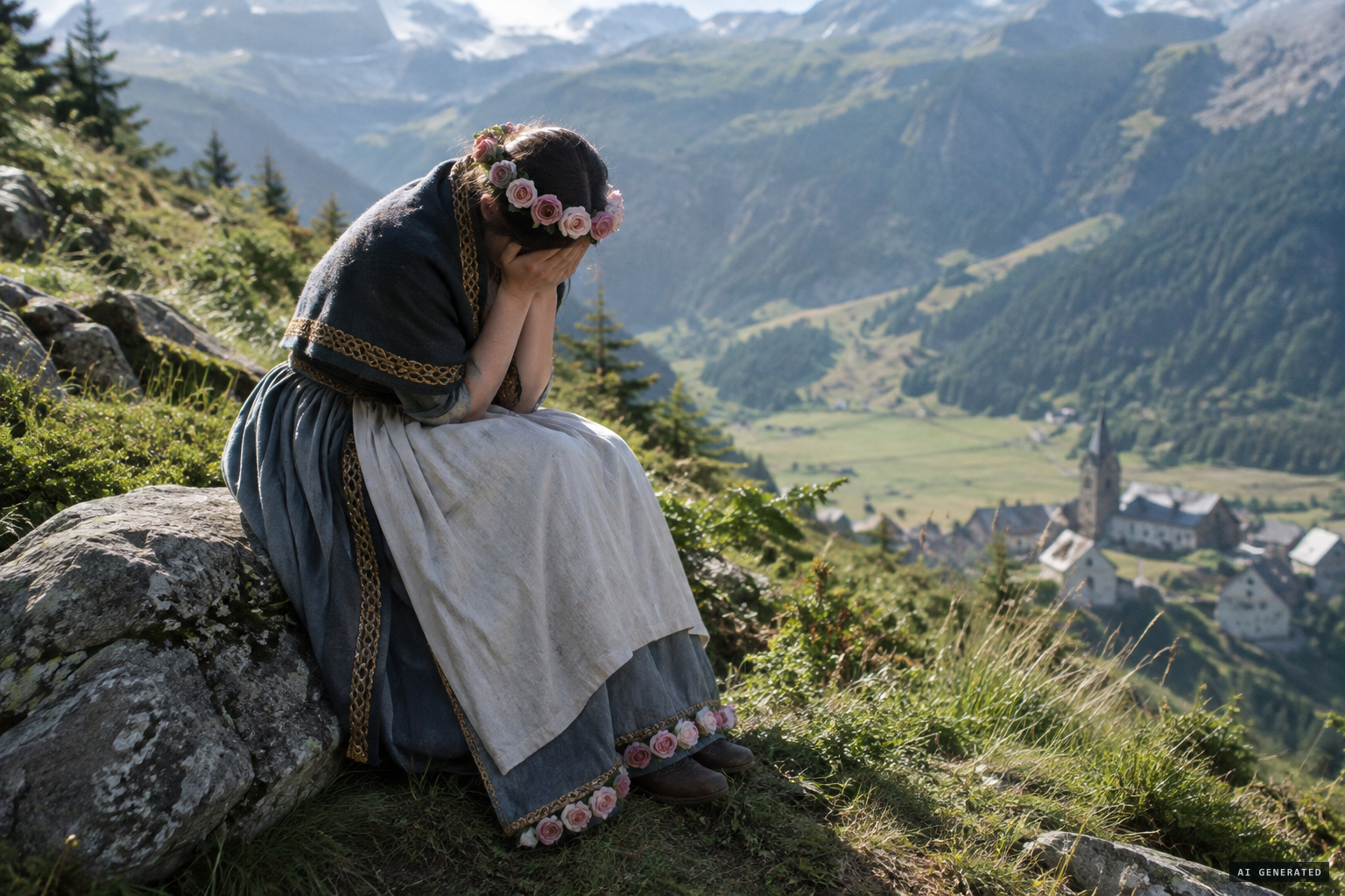 A woman seated on a stone, weeping, her face in her hands