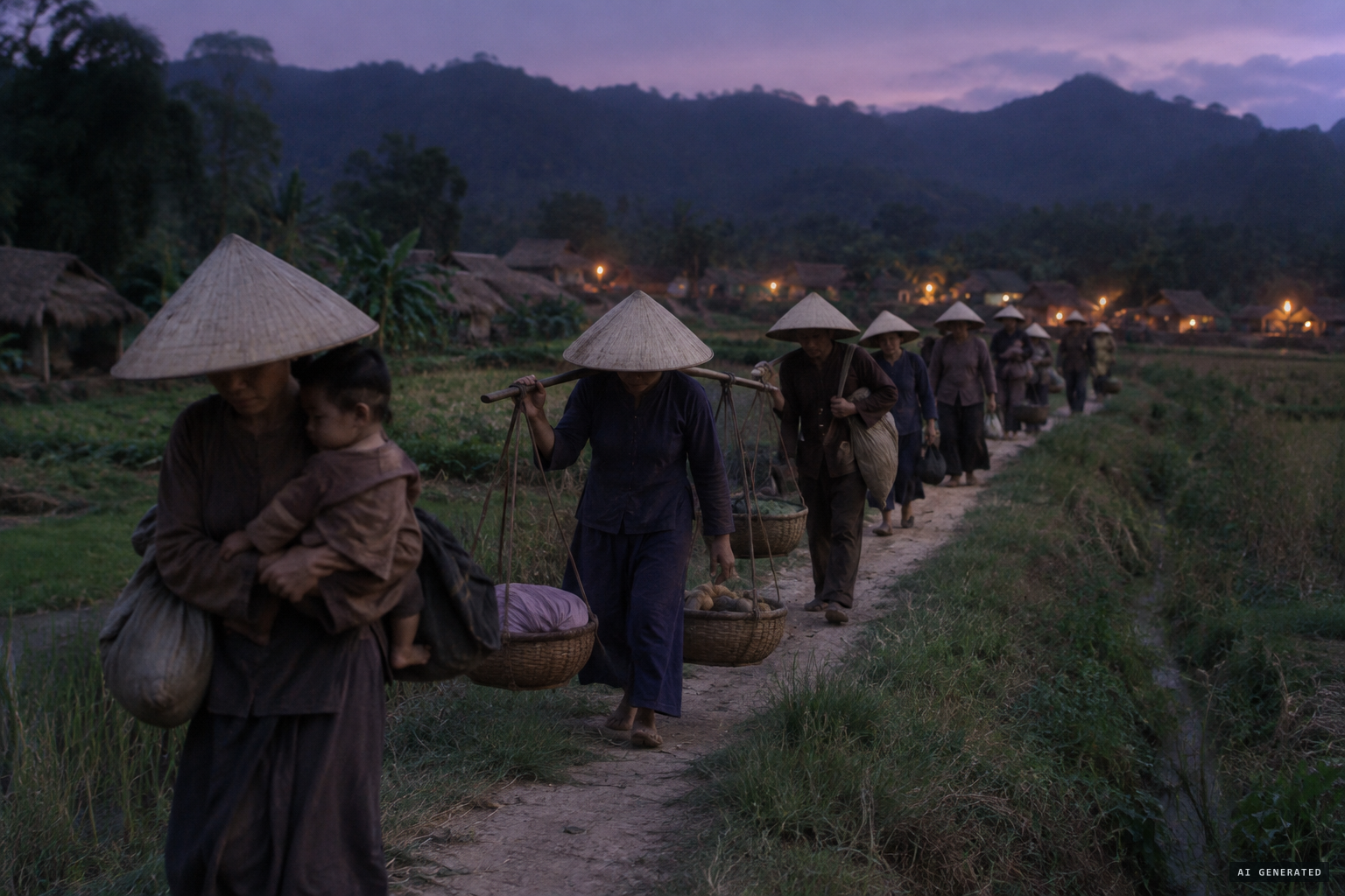 Catholic families driven from their homes by the anti-Catholic edict flee toward the forest.