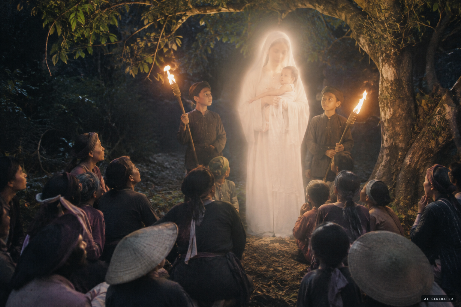 A lady clad in white and surrounded by light appears, holding the infant Jesus, with two torch-bearing boys.