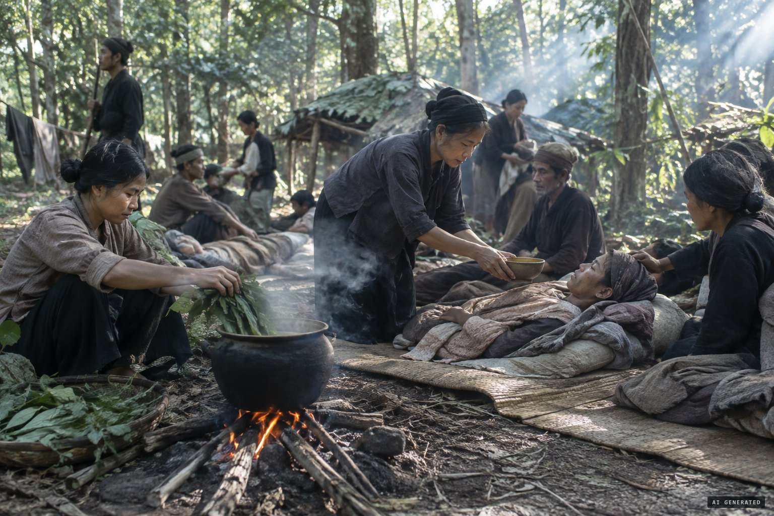 The refugees boil the leaves of the trees as medicine, as she told them.