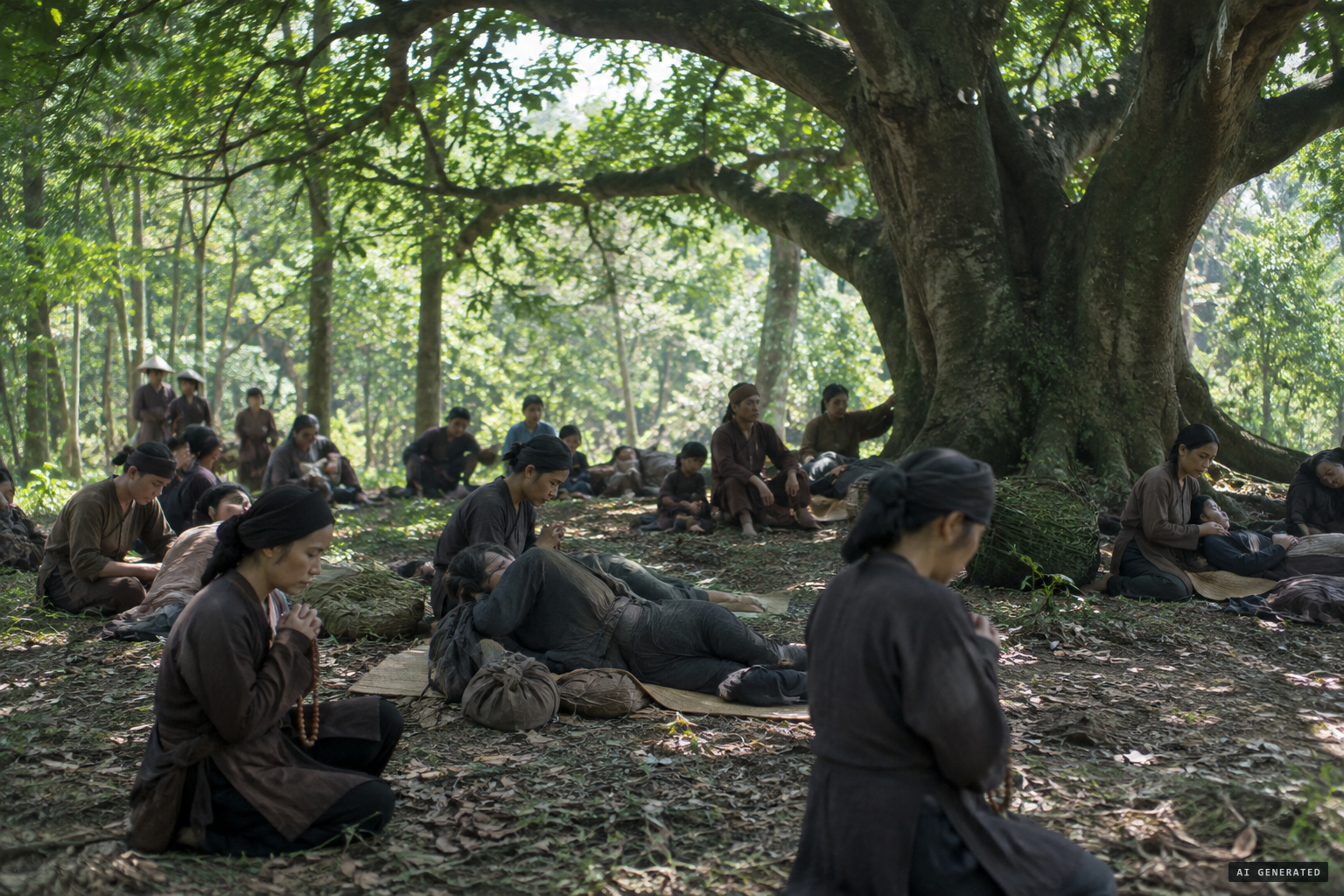 The sick refugees gathering under a large tree to pray the rosary