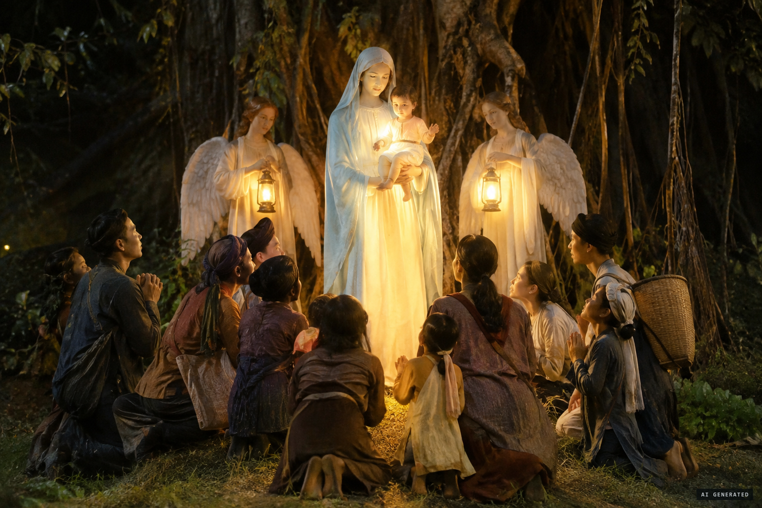 She stood on the grass at the foot of an old banyan, like a mother with her children