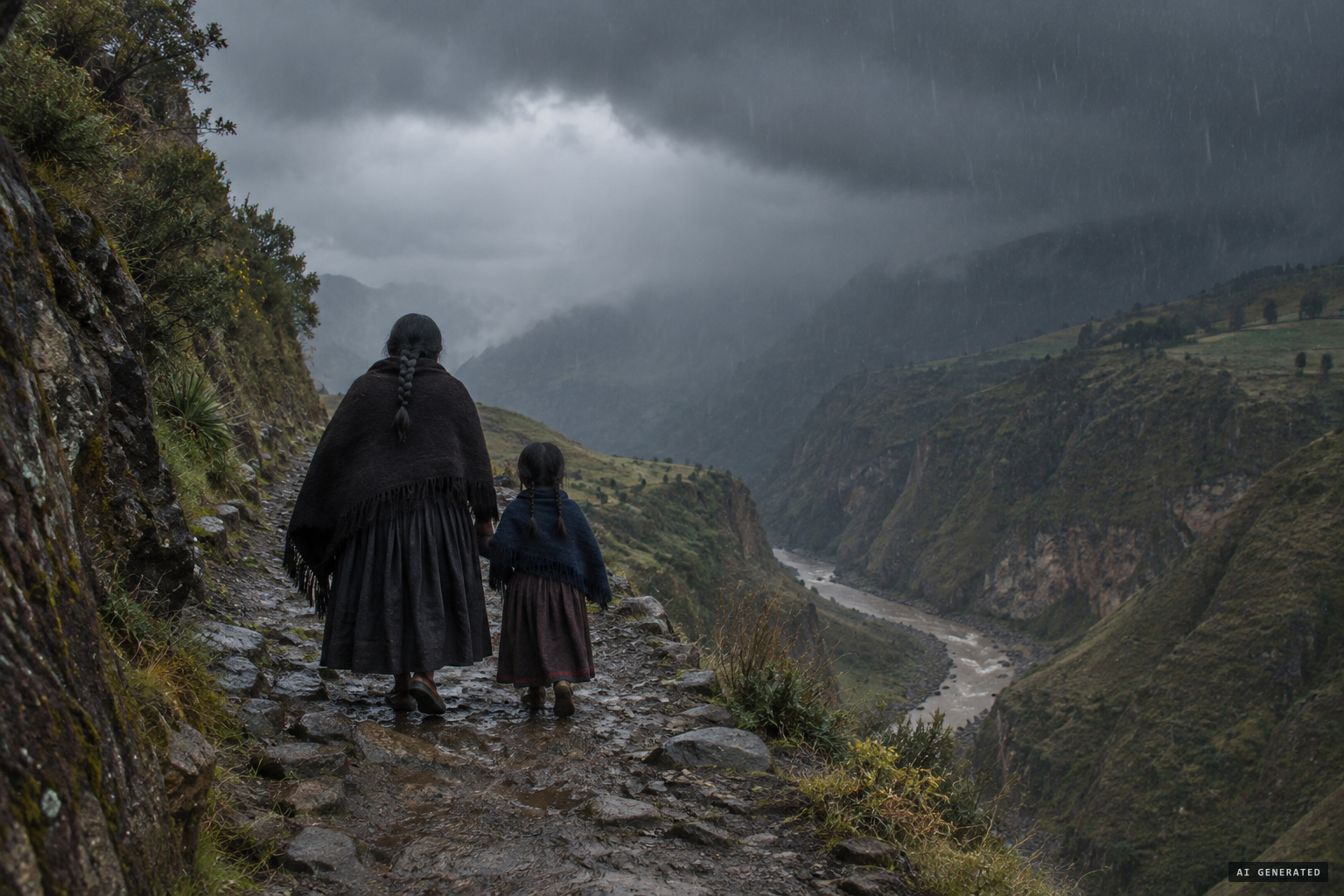 María Mueses de Quiñones and her daughter Rosa walking home from Ipiales.