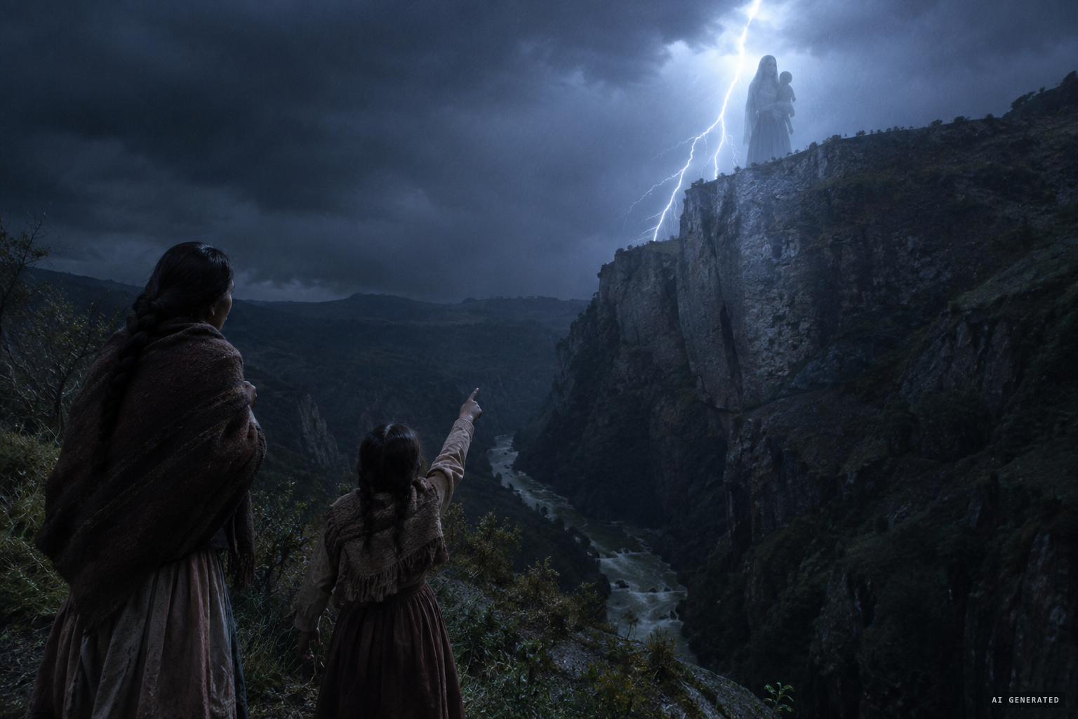 Rosa speaks for the first time and points to a lightning-lit silhouette over the laja.