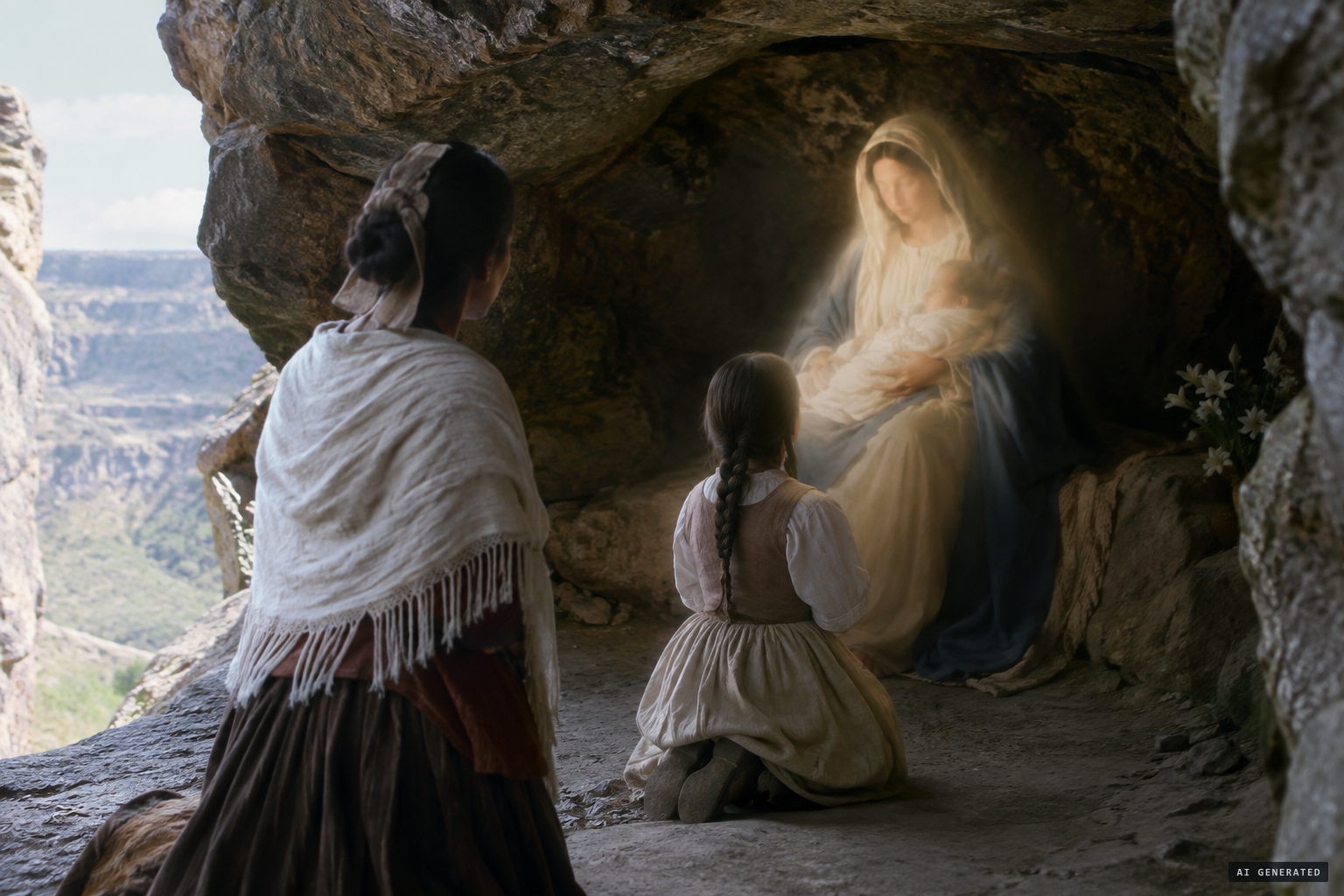 María finds Rosa with a noble Lady and Child and sees the Virgin herself.