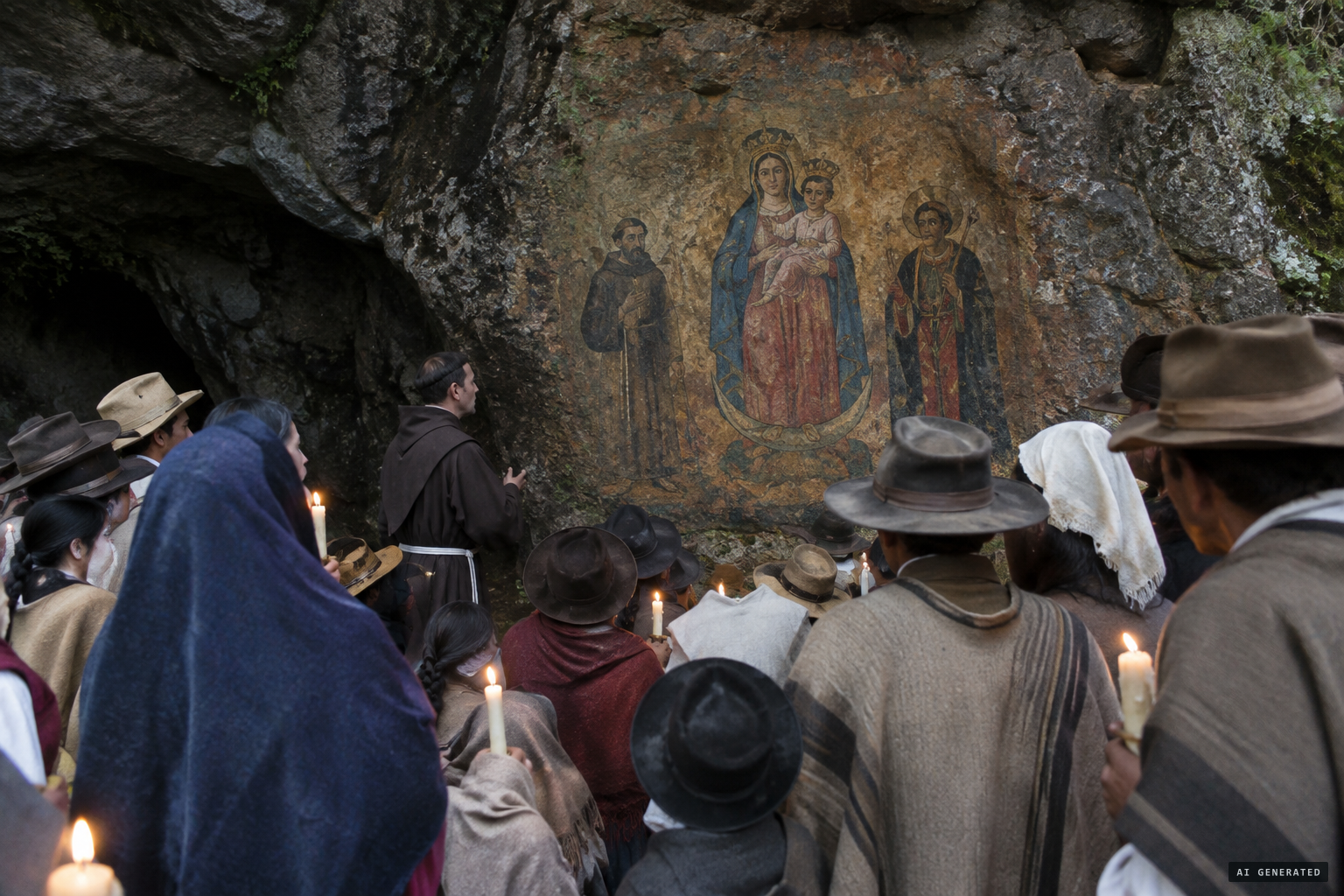 The priest and townspeople find a coloured image of the Virgin and Child with St Dominic and St Francis on the rock.