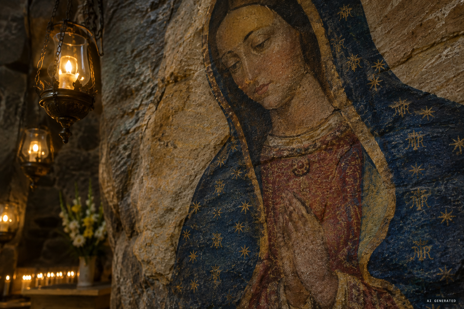 The mysterious mural, with the letters P and B on the Virgin's mantle.