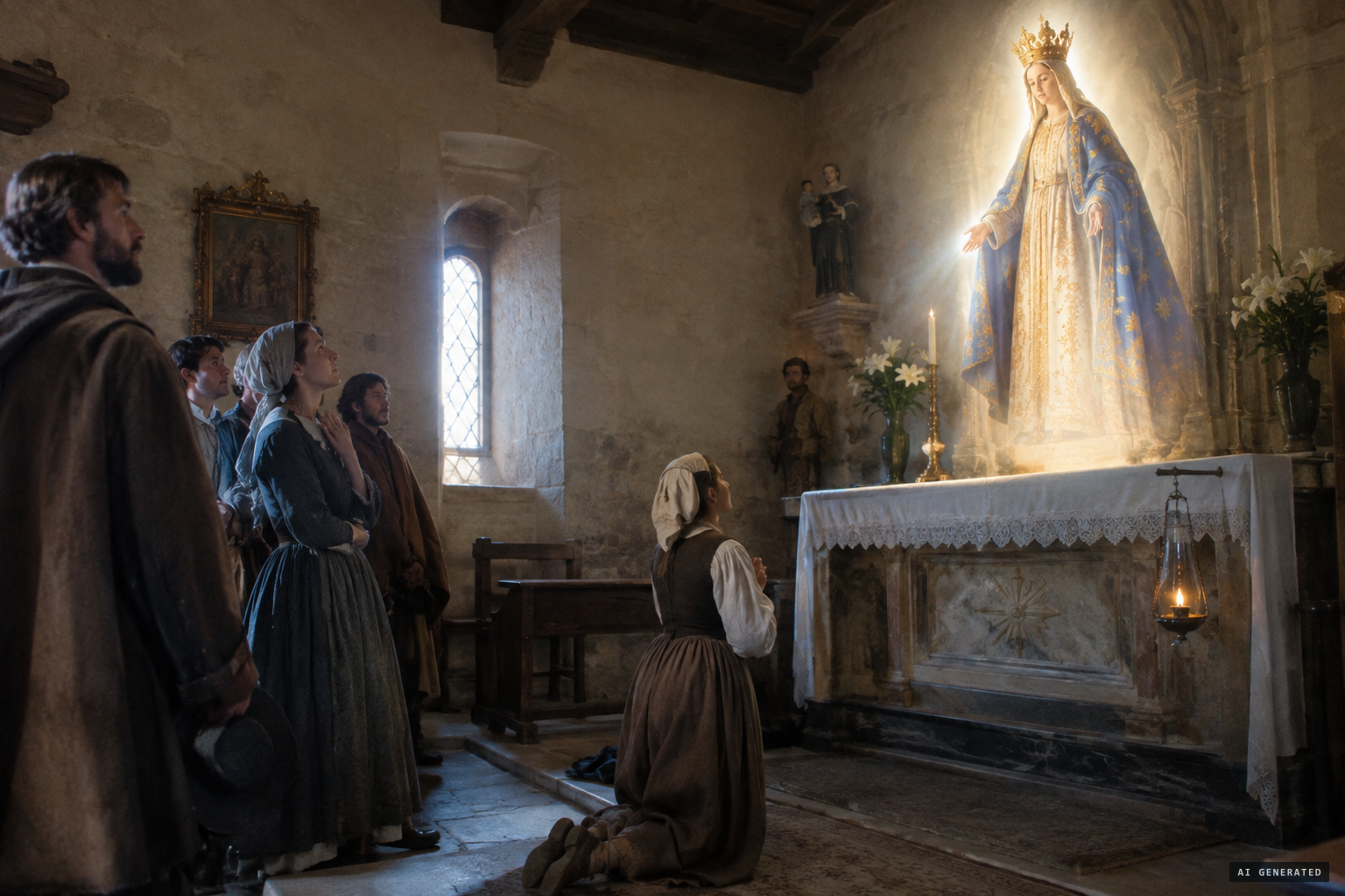 Dressed as a queen and shining with light, the Virgin appears; only Benoîte sees her.