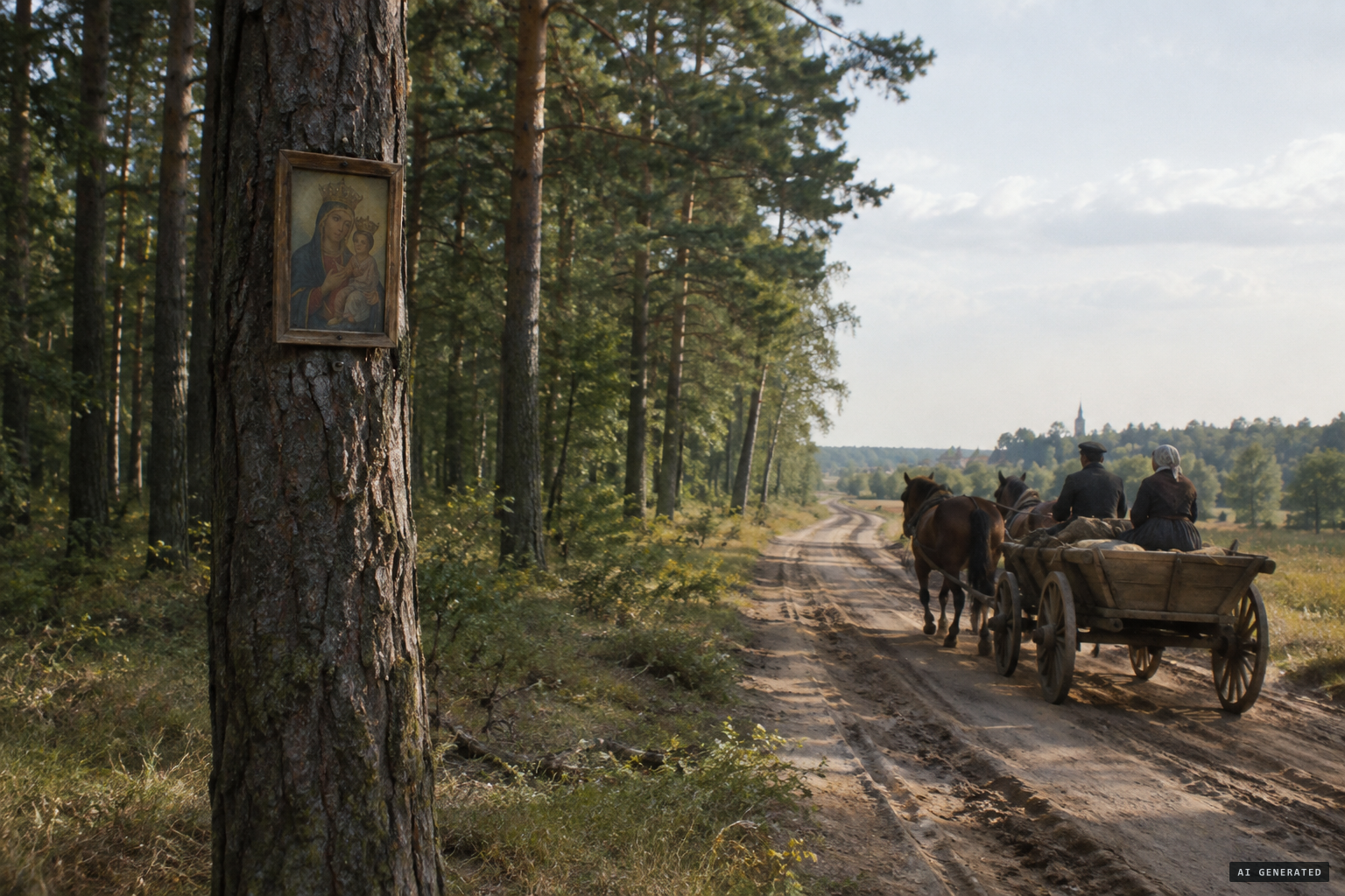 The Virgin's painting hanging on a pine in the Grąblin Forest