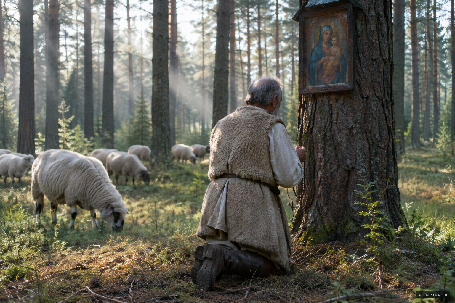 Mikołaj Sikatka praying before the forest image