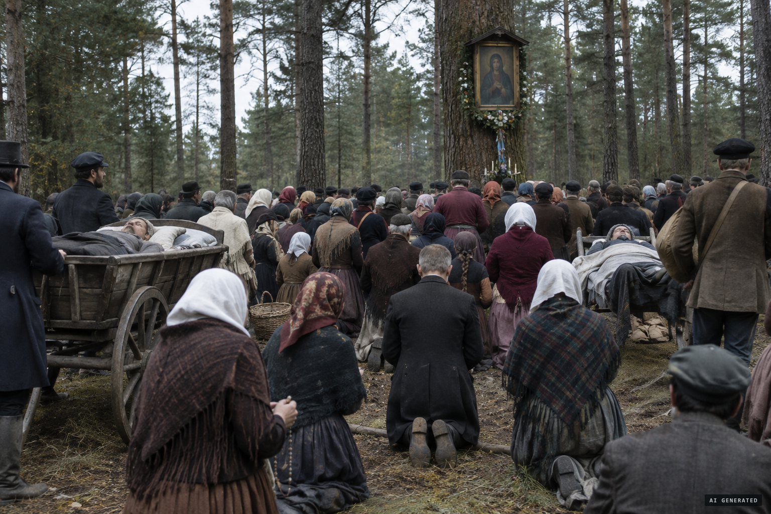Villagers praying the rosary at the forest image during the cholera