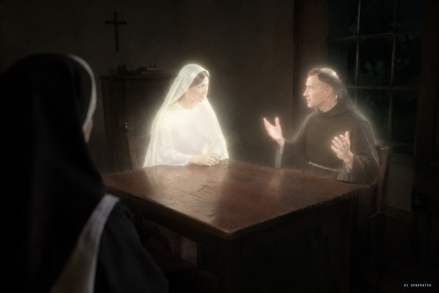 The first vision: a woman in white and a monk in black at a table
