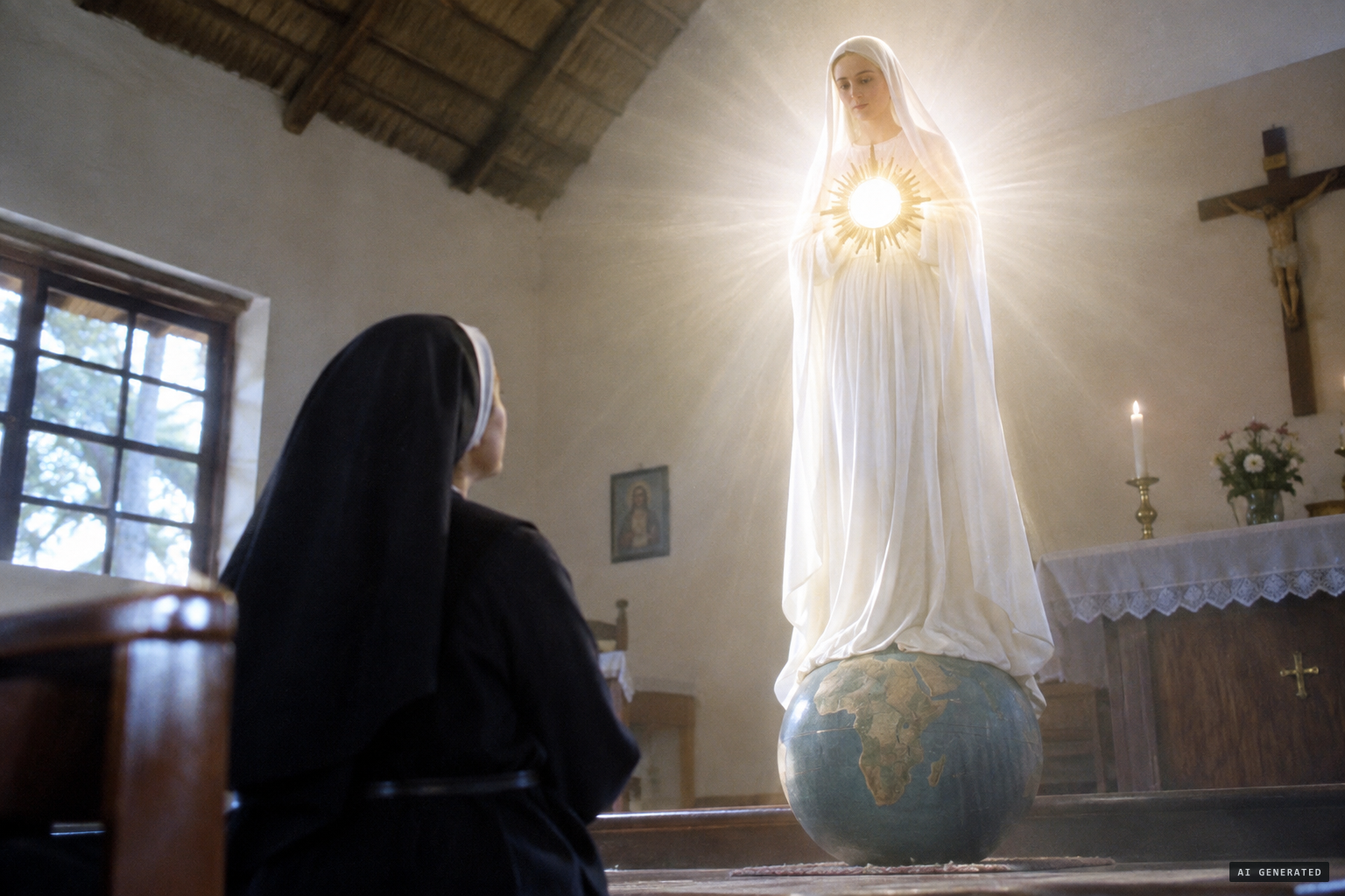Mary appears as a living Monstrance, standing on a globe