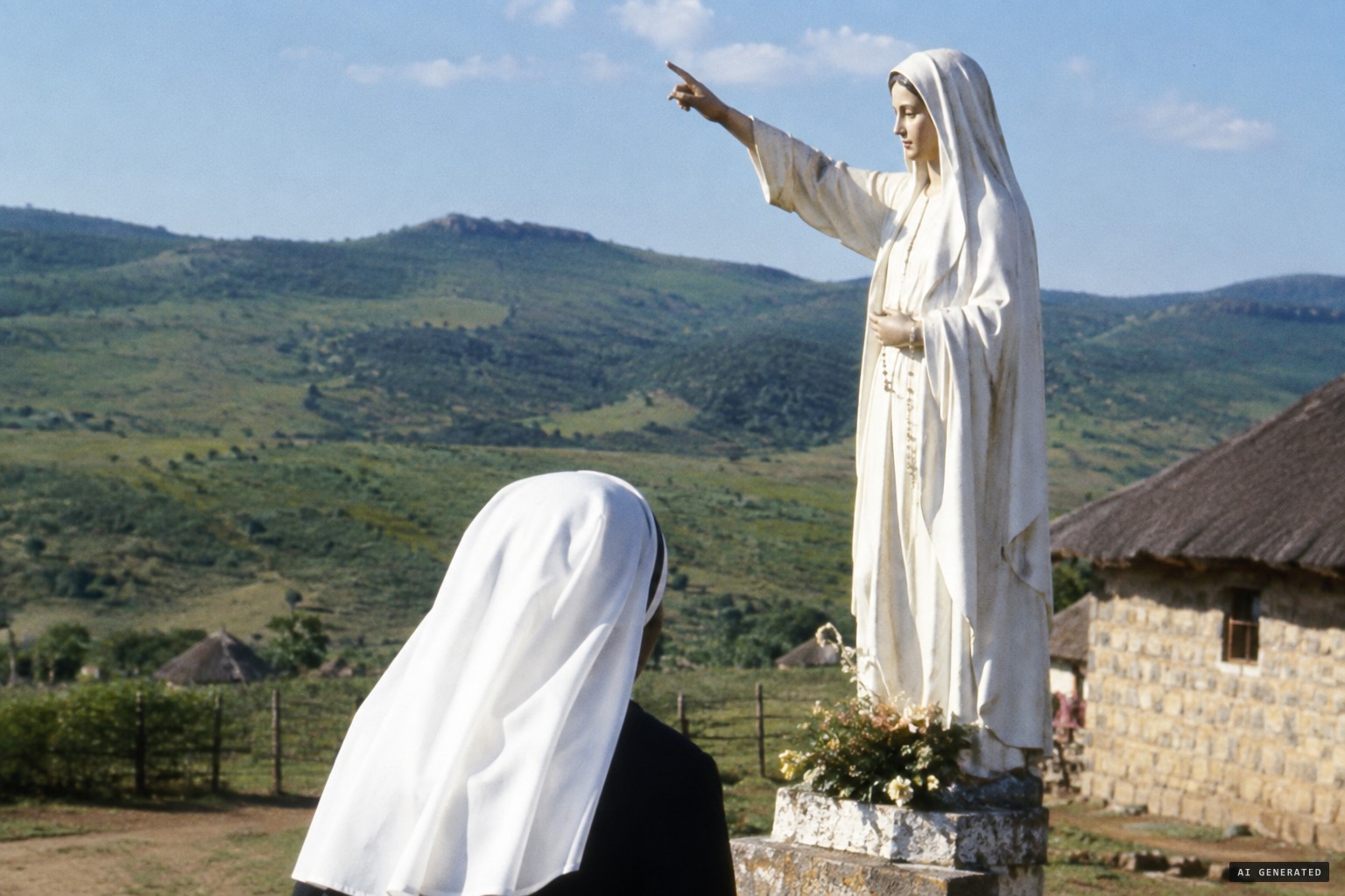 Mary points northwest to where seven springs meet